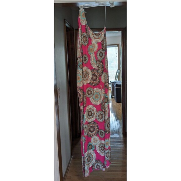 NWOT Entro Women's One Shoulder Maxi Dress Pink Mandala with Slit Size Small - Picture 2 of 11
